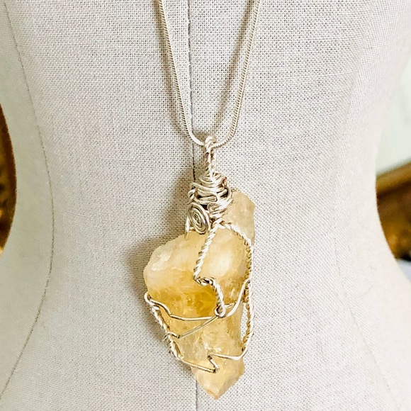 Vintage Raw Citrine Crystal Pendant Silver Necklace - Picture 10 of 15
